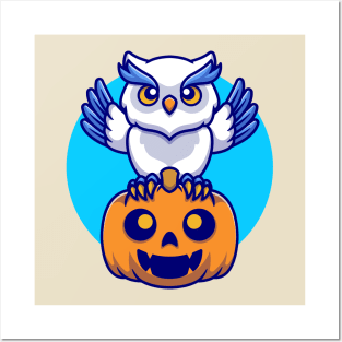 Cute Owl With Pumpkin Halloween Cartoon Posters and Art